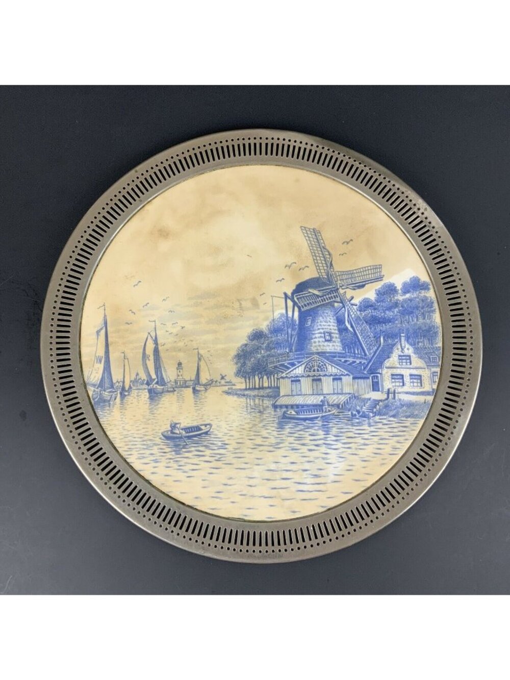 Vintage Delft Blue Dutch Windmill Decorative Tray Silverplate Trim 14 inch